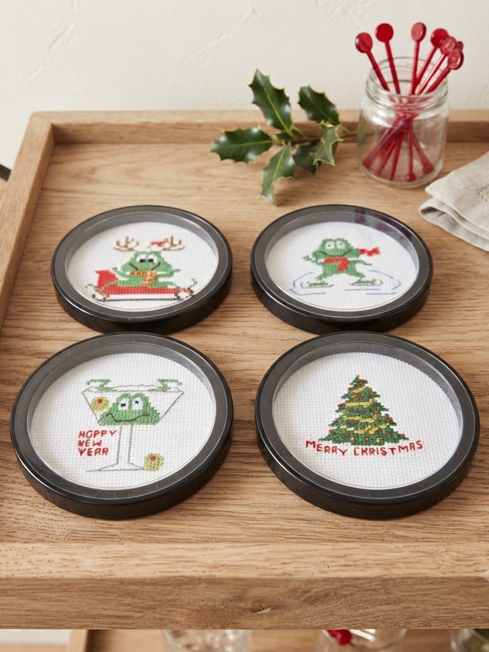 Vintage Holiday Frog Cross Stitch Coasters Set of 4